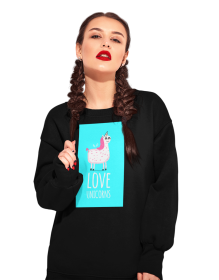 Bluza Unisex cu maneci raglan, neagra - Love Unicorns