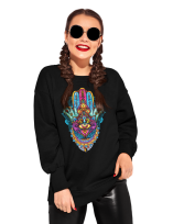 Bluza Unisex cu maneci raglan, neagra - Hamsa hand